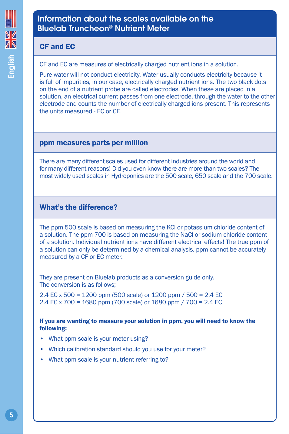 Nutrient meter cf and ec, Ppm measures parts per million, What’s the difference | Bluelab Truncheon Meter User Manual | Page 5 / 8