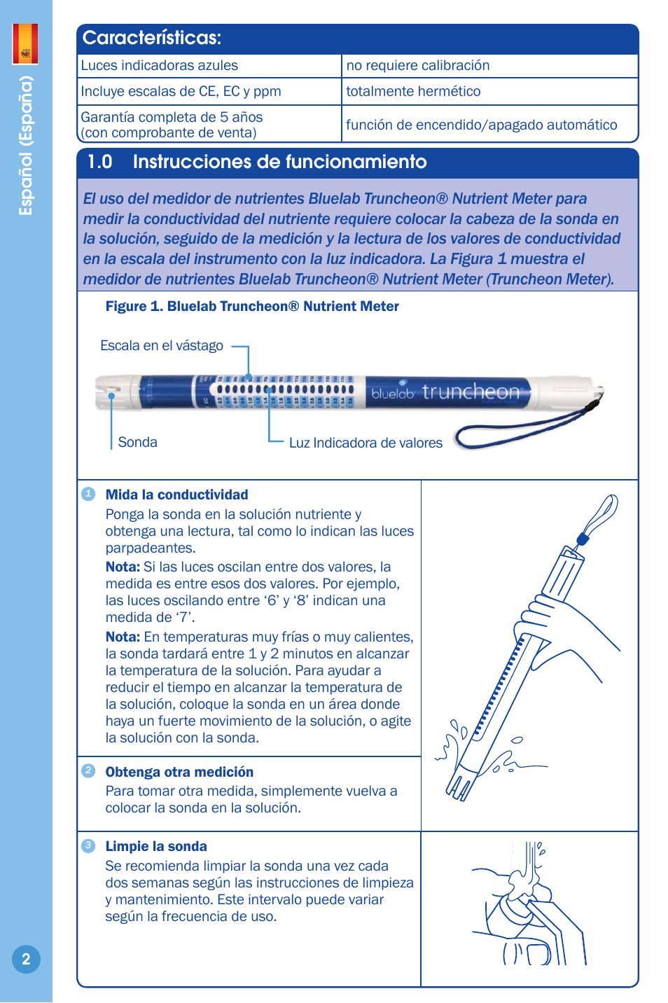 Características, Instrucciones de funcionamiento, 0 instrucciones de funcionamiento | Bluelab Truncheon Meter User Manual | Page 2 / 8