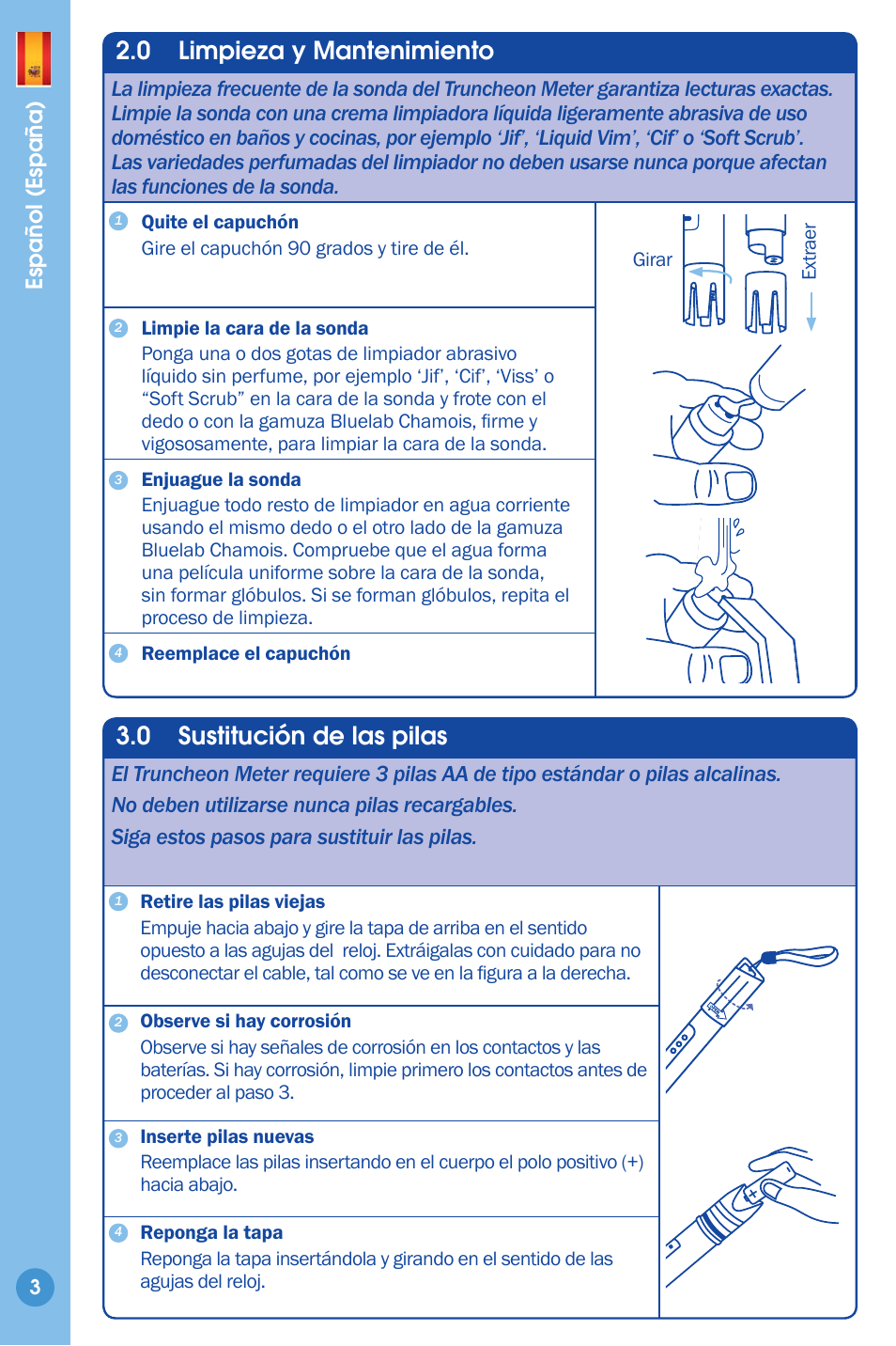 Limpieza y mantenimiento, Sustitución de las pilas, 0 limpieza y mantenimiento | 0 sustitución de las pilas, Español (españa) | Bluelab Truncheon Meter User Manual | Page 3 / 8