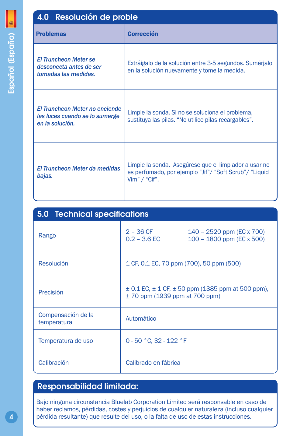 Resolución de proble, Datos técnicos, 0 resolución de proble | 0 technical specifi cations, Responsabilidad limitada | Bluelab Truncheon Meter User Manual | Page 4 / 8