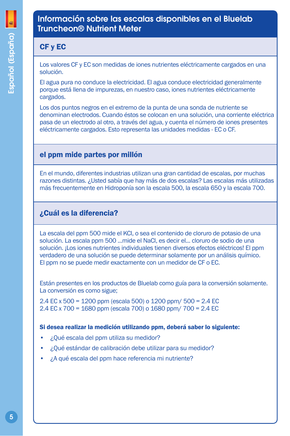 El ppm mide partes por millón, Cuál es la diferencia | Bluelab Truncheon Meter User Manual | Page 5 / 8