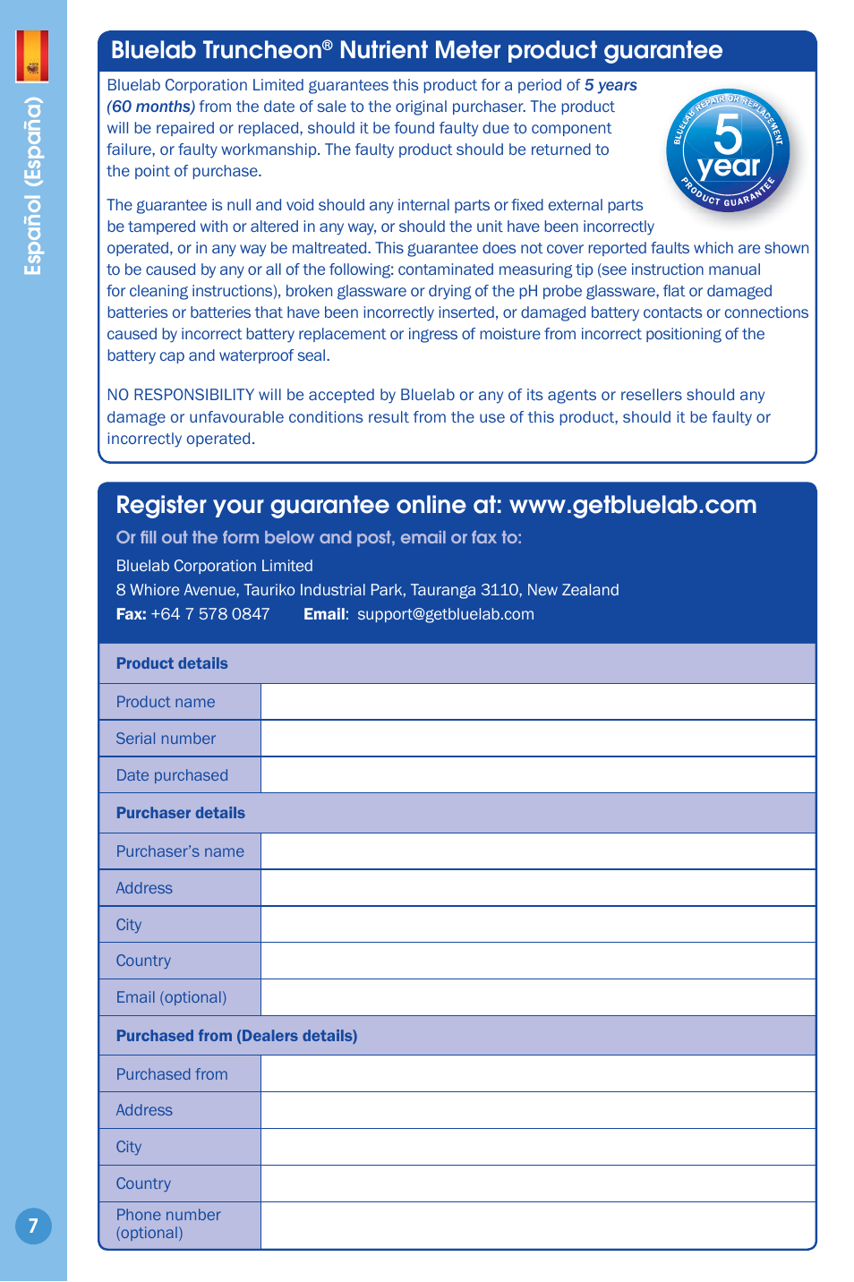 Product guarantee, Year, Year ea | Bluelab truncheon, Nutrient meter product guarantee, Español (españa) | Bluelab Truncheon Meter User Manual | Page 7 / 8