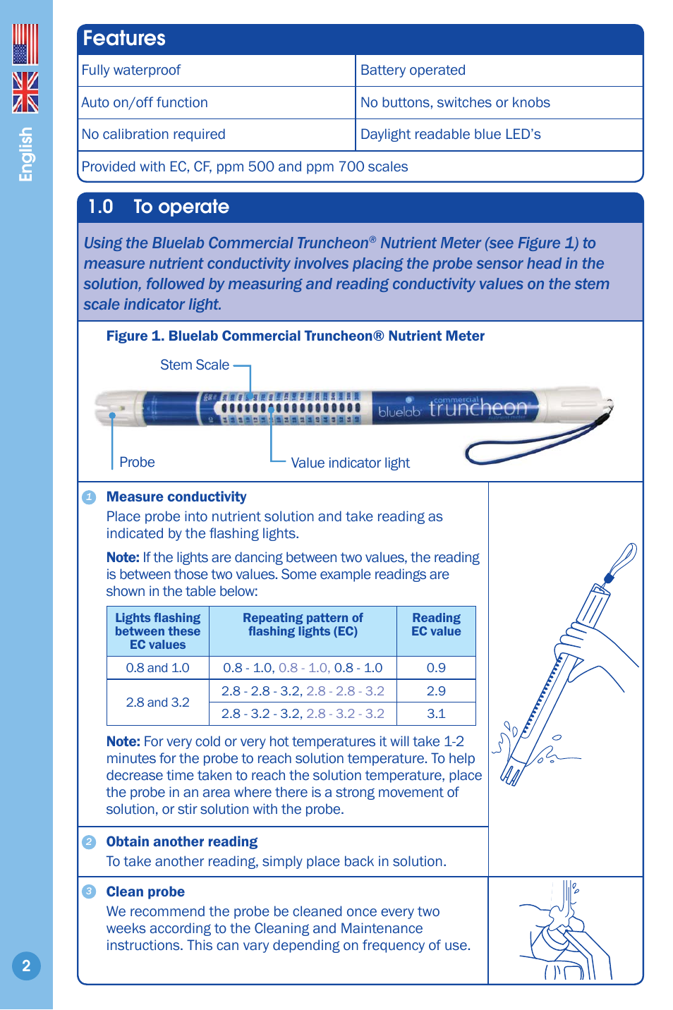 Features 2, To operate, Features | 0 to operate, Using the bluelab commercial truncheon, English | Bluelab Commercial Truncheon Meter User Manual | Page 2 / 8