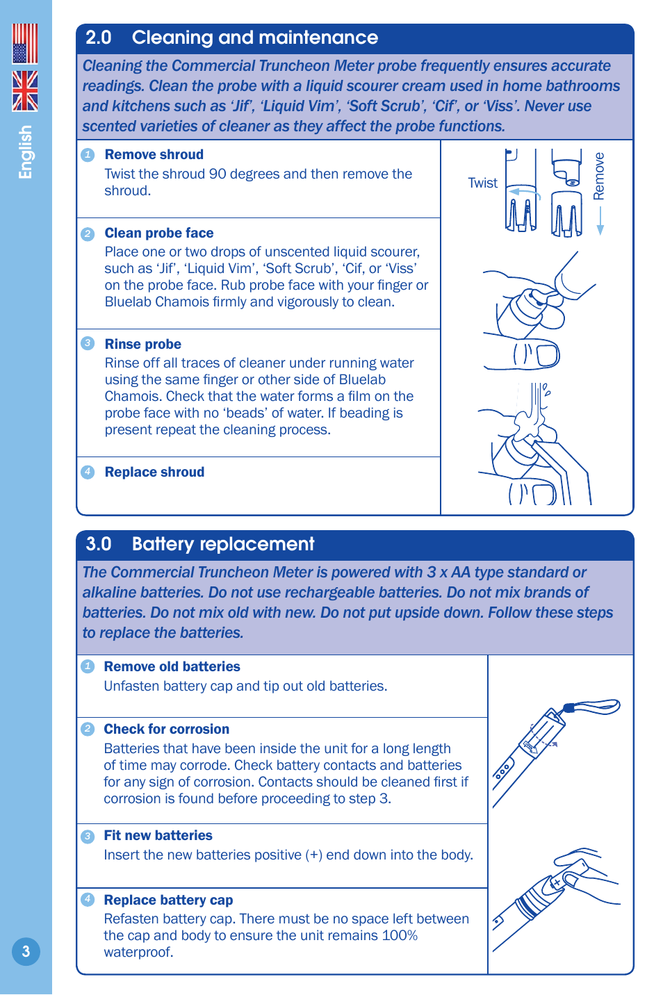 Cleaning and maintenance, Battery replacement, 0 cleaning and maintenance | 0 battery replacement, English | Bluelab Commercial Truncheon Meter User Manual | Page 3 / 8