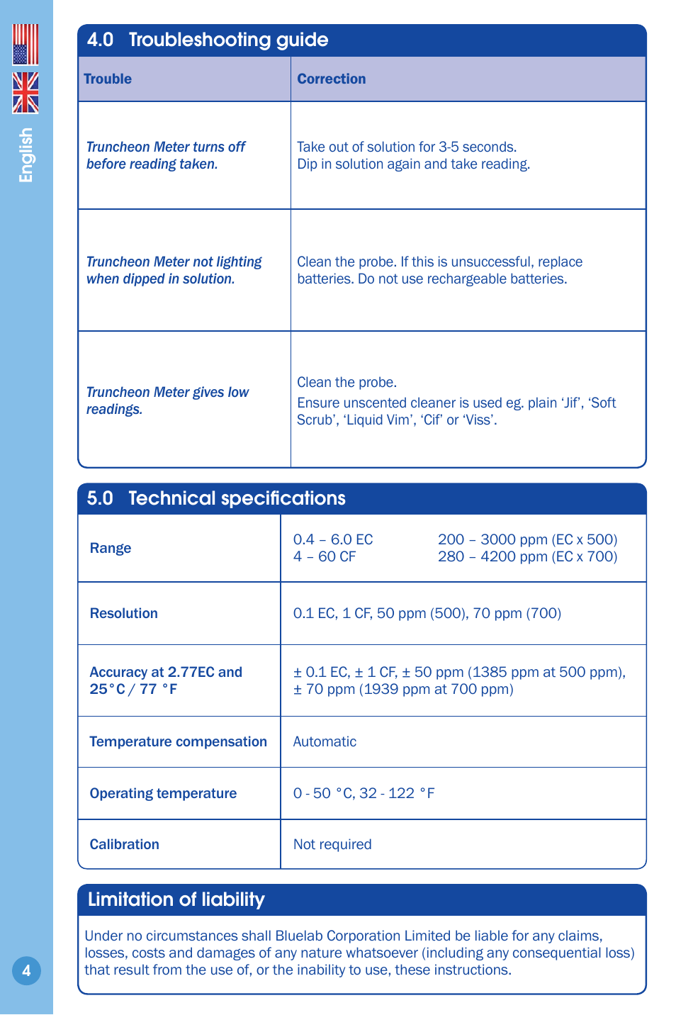 Troubleshooting guide, Technical specifi cations, 0 troubleshooting guide | 0 technical specifi cations, Limitation of liability | Bluelab Commercial Truncheon Meter User Manual | Page 4 / 8