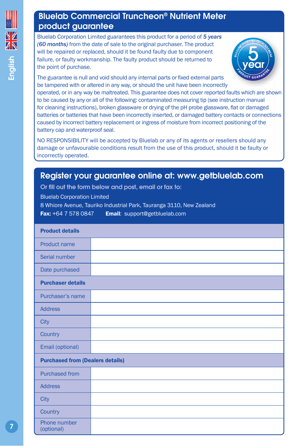 Product guarantee, Year, Year ea | Bluelab commercial truncheon, Nutrient meter product guarantee, English | Bluelab Commercial Truncheon Meter User Manual | Page 7 / 8