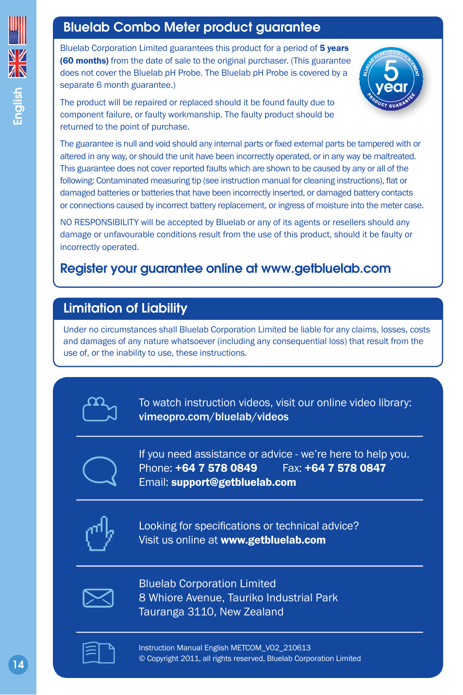 Product guarantee, Limitation of liability, Contact details | Bluelab combo meter product guarantee | Bluelab Combo Meter User Manual | Page 14 / 14