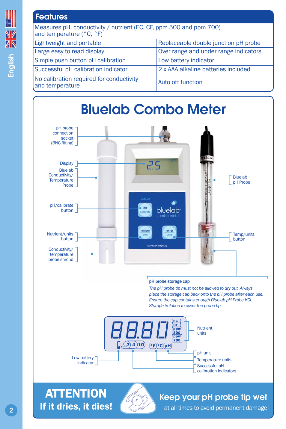 Features 2 bluelab combo meter, Bluelab combo meter, Attention | If it dries, it dies, Keep your ph probe tip wet, Features, English | Bluelab Combo Meter User Manual | Page 2 / 14