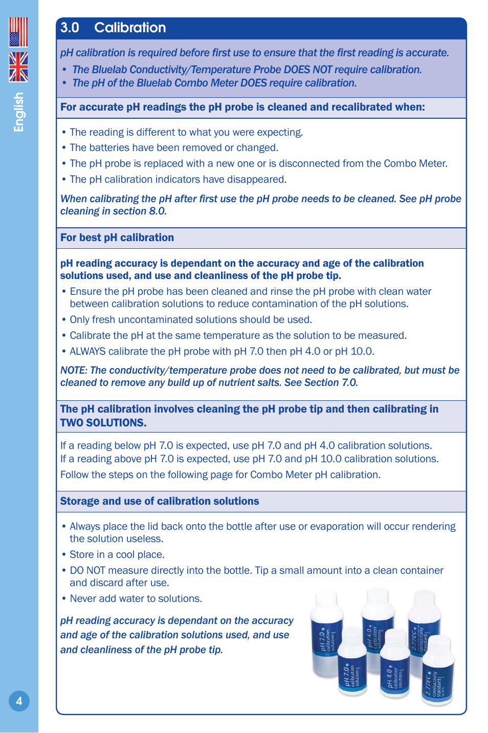 Calibration 4, 0 calibration | Bluelab Combo Meter User Manual | Page 4 / 14