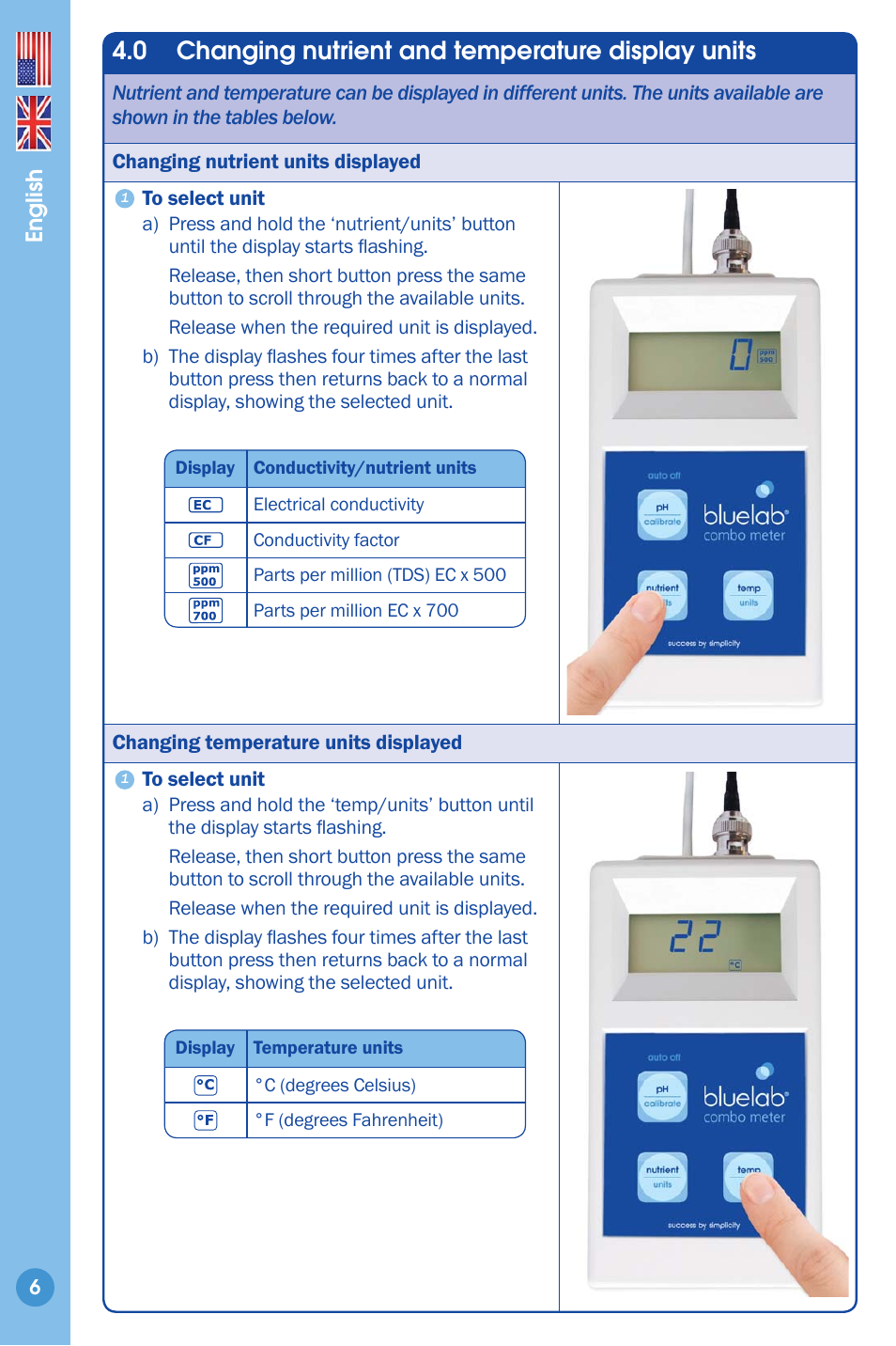 Changing nutrient and temperature display units, 0 changing nutrient and temperature display units | Bluelab Combo Meter User Manual | Page 6 / 14