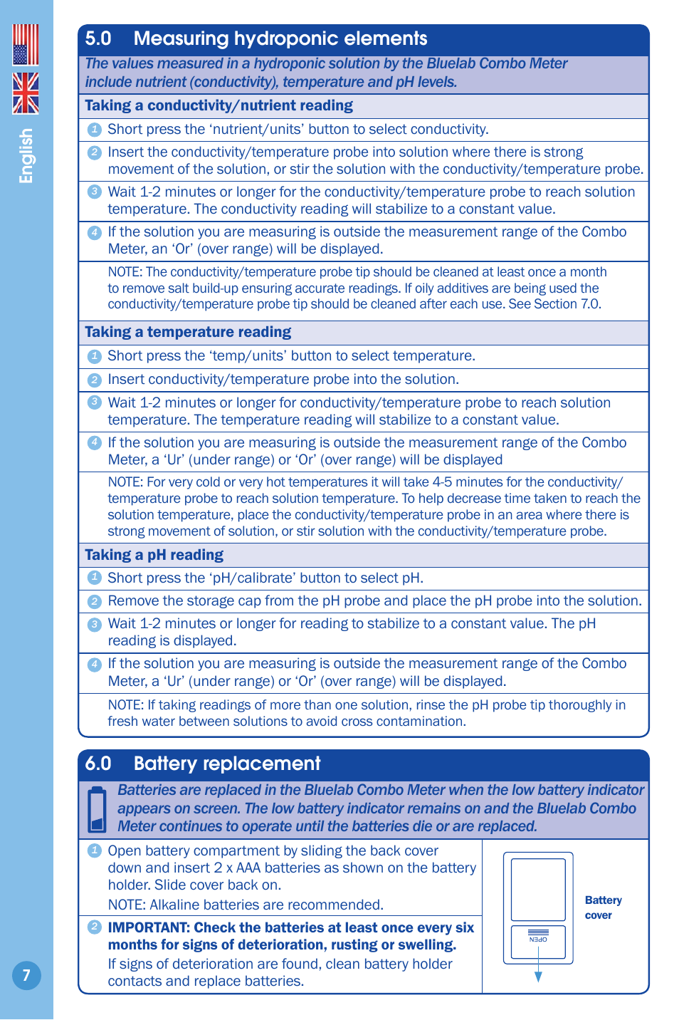 0 battery replacement, 0 measuring hydroponic elements, English | Bluelab Combo Meter User Manual | Page 7 / 14
