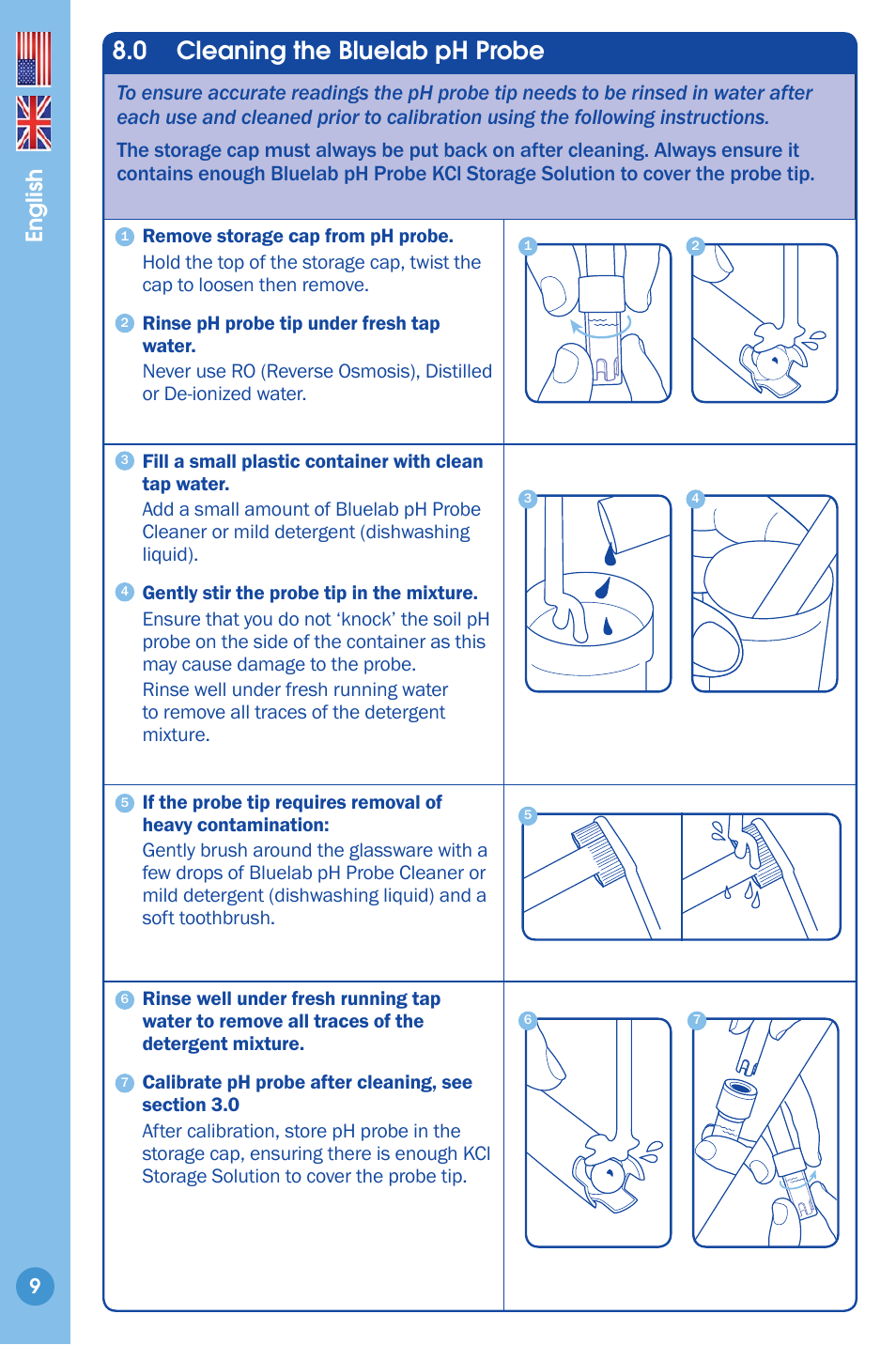 Cleaning the ph probe, 0 cleaning the bluelab ph probe, English | Bluelab Combo Meter User Manual | Page 9 / 14