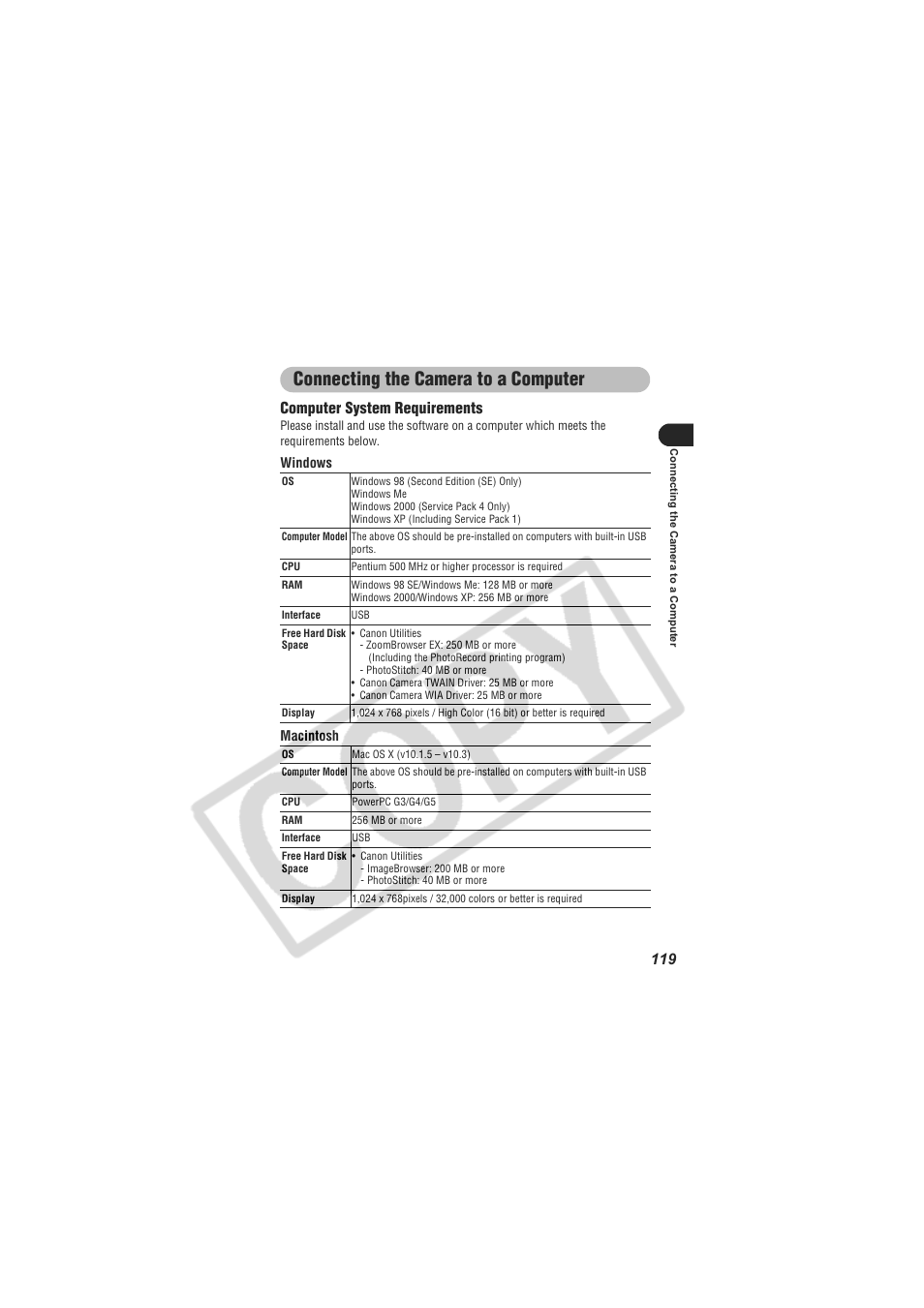 Connecting the camera to a computer, Computer system requirements | Canon CDI-E154-010 User Manual | Page 121 / 163