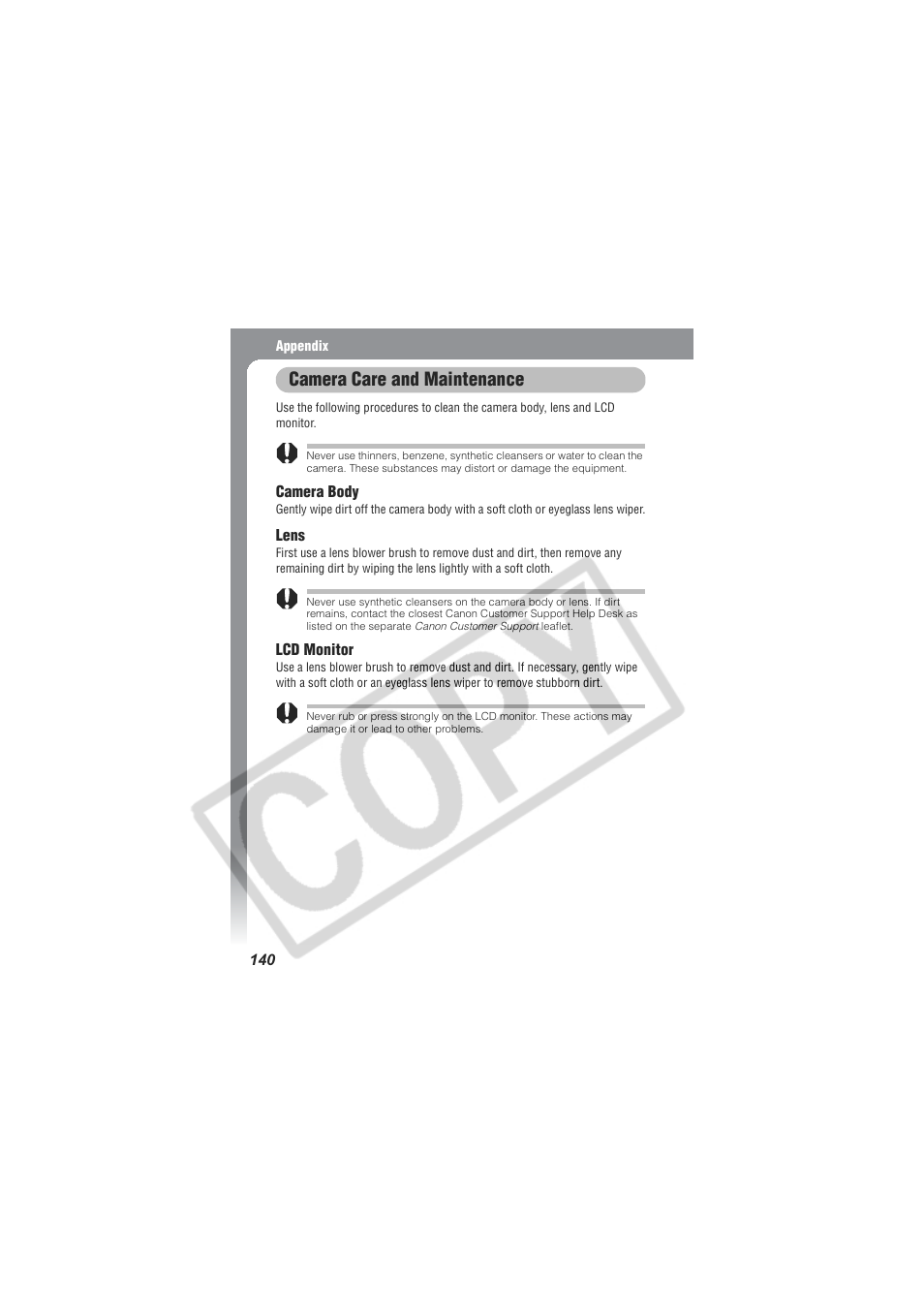 Camera care and maintenance | Canon CDI-E154-010 User Manual | Page 142 / 163