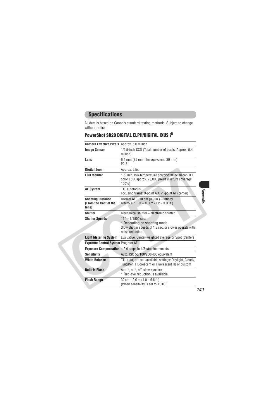 Specifications | Canon CDI-E154-010 User Manual | Page 143 / 163