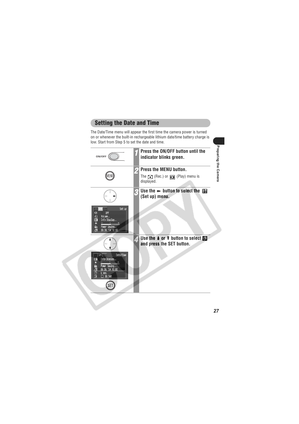 Setting the date and time | Canon CDI-E154-010 User Manual | Page 29 / 163