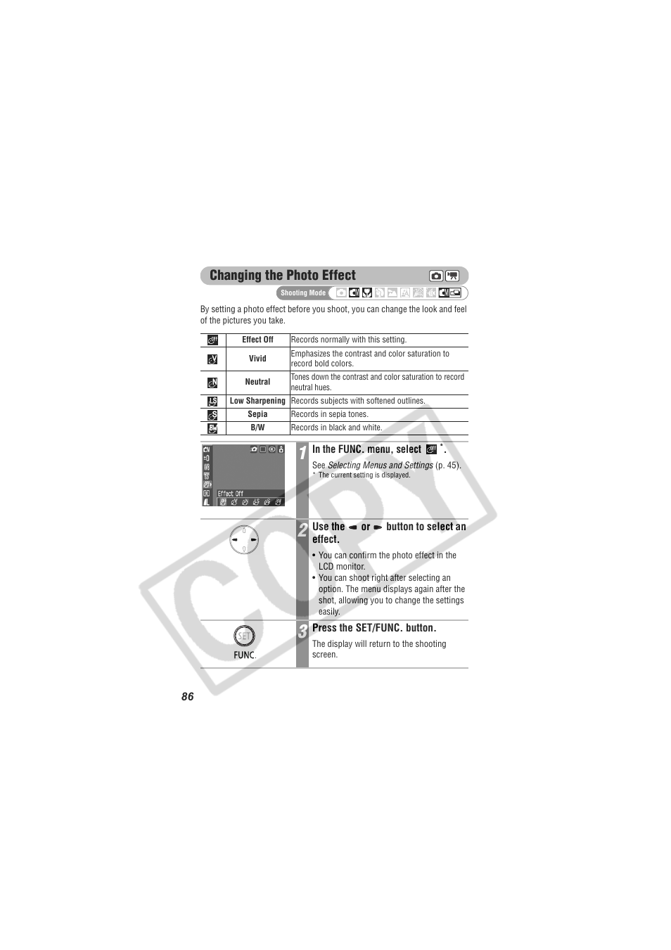 Changing the photo effect | Canon CDI-E154-010 User Manual | Page 88 / 163