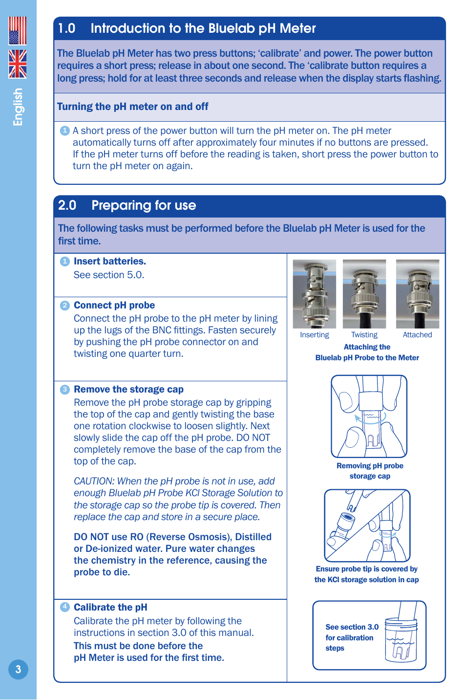 Introduction 3, Preparing for use, 0 introduction to the bluelab ph meter | 0 preparing for use, English | Bluelab pH Meter User Manual | Page 3 / 12