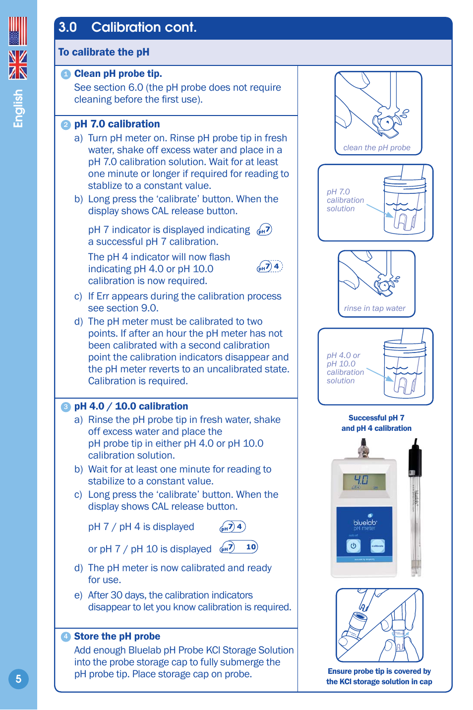 0 calibration cont, English | Bluelab pH Meter User Manual | Page 5 / 12