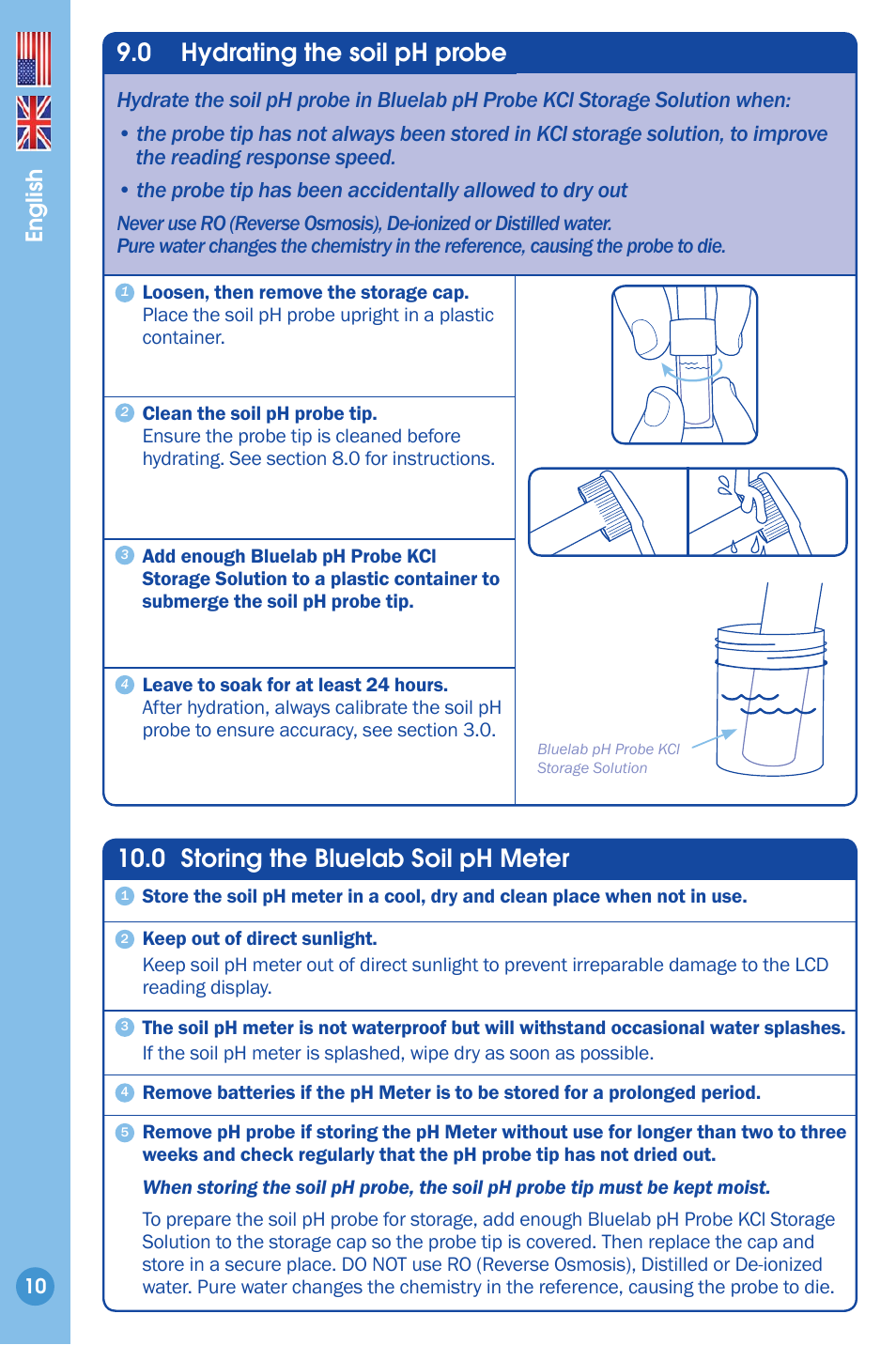 Hydrating the soil ph probe, Storing the bluelab soil ph meter, 0 storing the bluelab soil ph meter | 0 hydrating the soil ph probe, English | Bluelab Soil pH Meter User Manual | Page 10 / 14