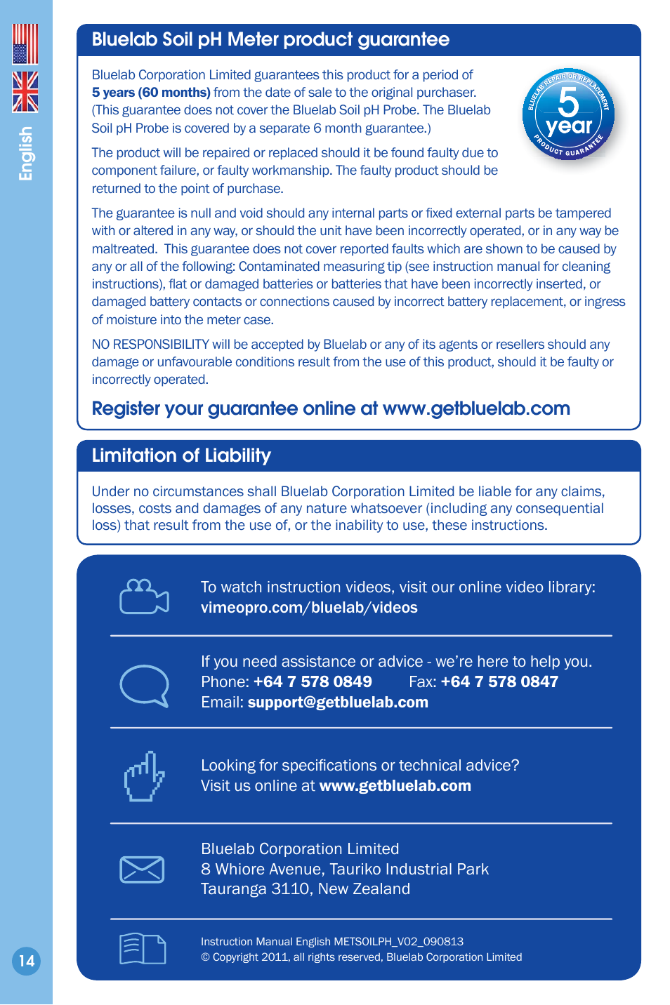 Product guarantee, Limitation of liability, Contact details | Bluelab soil ph meter product guarantee | Bluelab Soil pH Meter User Manual | Page 14 / 14