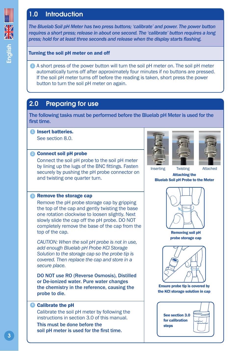 Introduction 3 preparing for use, 0 introduction, 0 preparing for use | English | Bluelab Soil pH Meter User Manual | Page 3 / 14