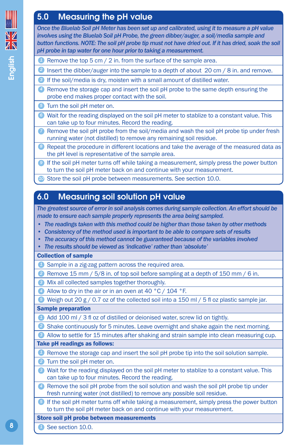 Measuring the ph value, Measuring soil solution ph value, 0 measuring the ph value | 0 measuring soil solution ph value, English | Bluelab Soil pH Meter User Manual | Page 8 / 14