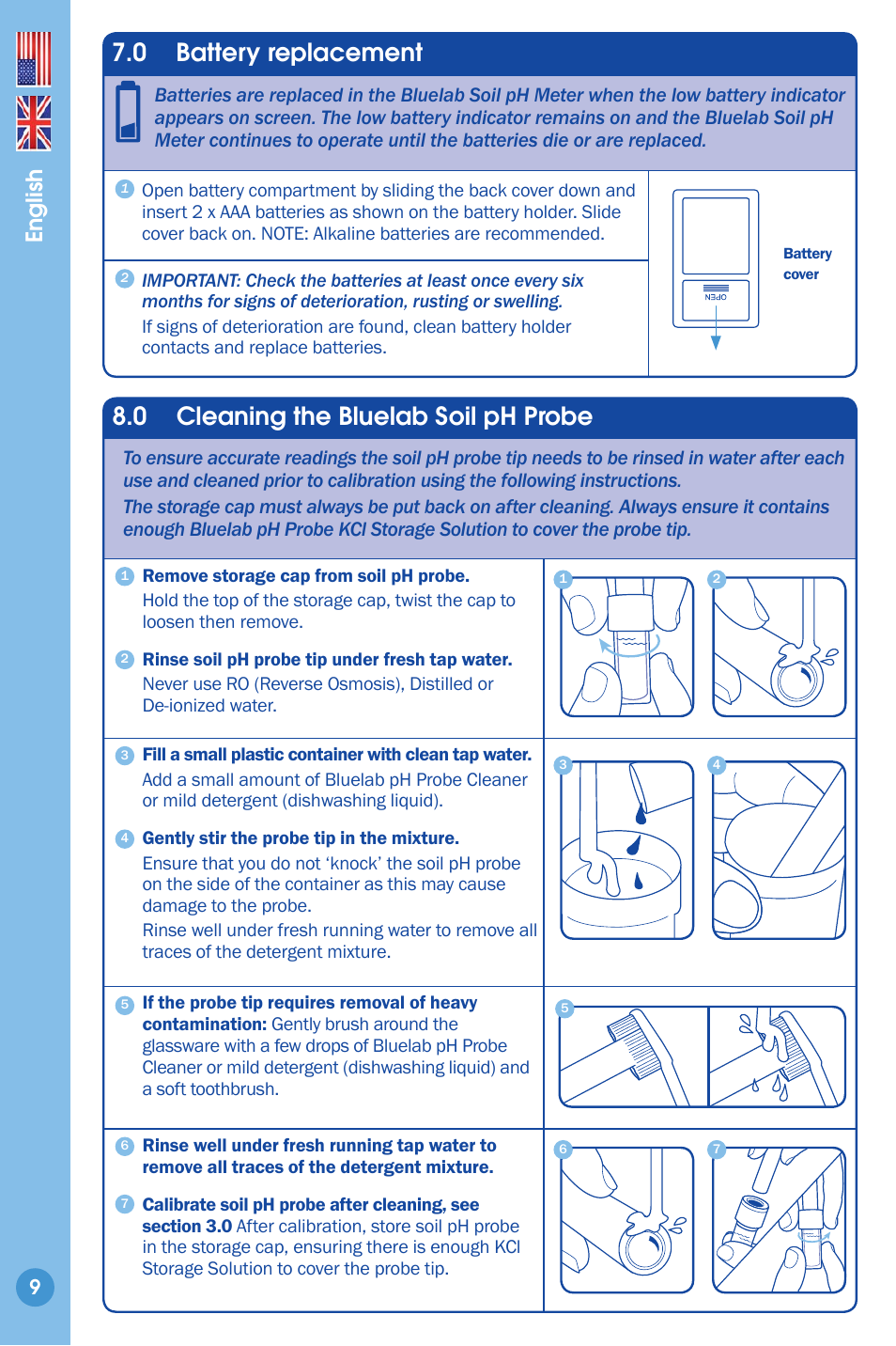 Battery replacement, Cleaning the bluelab soil ph probe, 0 battery replacement | 0 cleaning the bluelab soil ph probe, English | Bluelab Soil pH Meter User Manual | Page 9 / 14