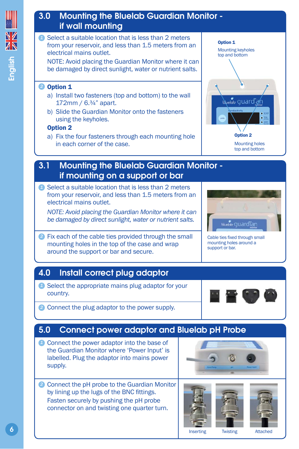 Install correct plug adaptor, Connect power adaptor and bluelab ph probe, 0 install correct plug adaptor | 0 connect power adaptor and bluelab ph probe, English | Bluelab Guardian Monitor User Manual | Page 6 / 18