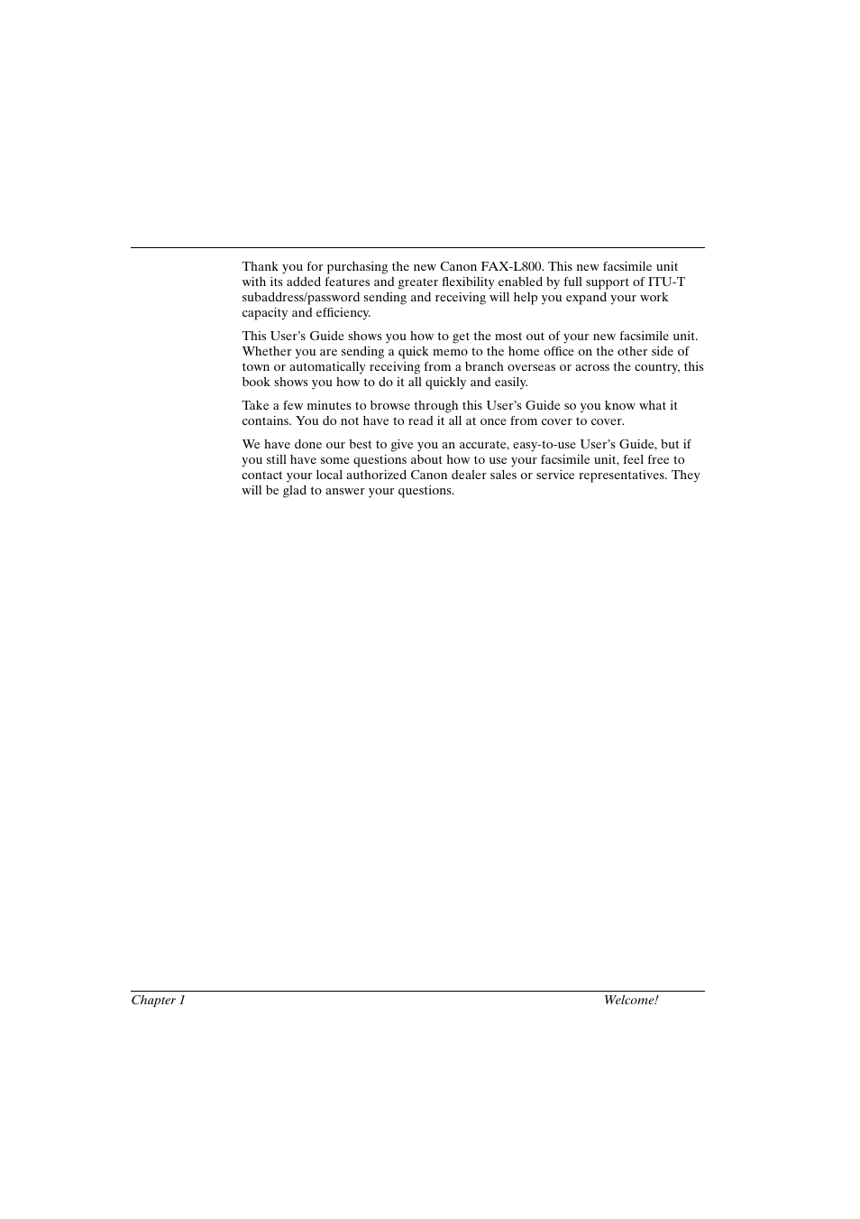 Chapter 1, Chapter 1 welcome | Canon FAX-L800 User Manual | Page 11 / 370