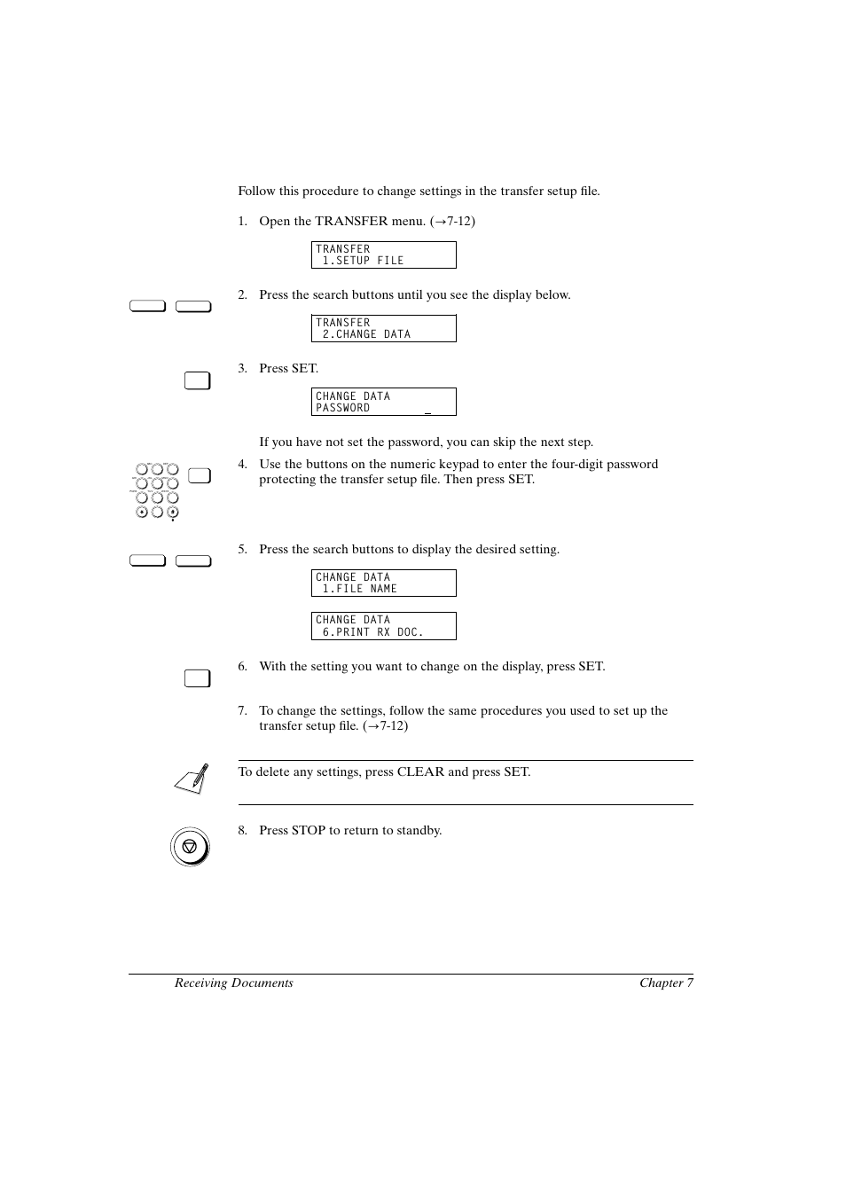 Changing the transfer settings, Canon fax-l800 user’s guide english, 16 chapter 7 receiving documents | Press set | Canon FAX-L800 User Manual | Page 146 / 370