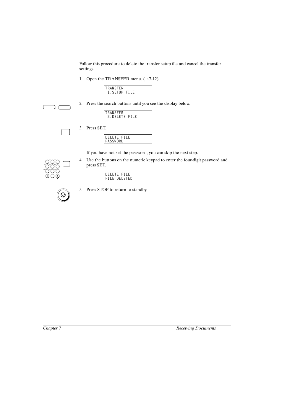 Cancelling the transfer settings, Canon fax-l800 user’s guide english, 17 chapter 7 receiving documents | Press set, Press stop to return to standby | Canon FAX-L800 User Manual | Page 147 / 370