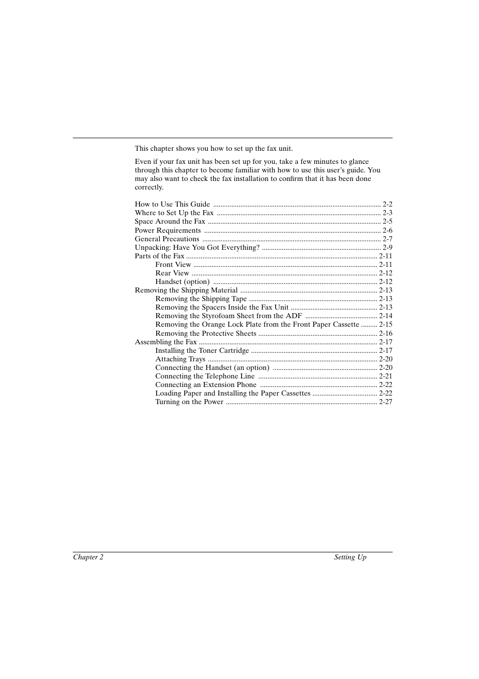 Chapter 2, Chapter 2 setting up | Canon FAX-L800 User Manual | Page 15 / 370