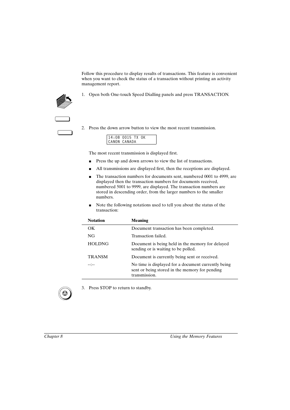 Displaying the transaction history | Canon FAX-L800 User Manual | Page 151 / 370