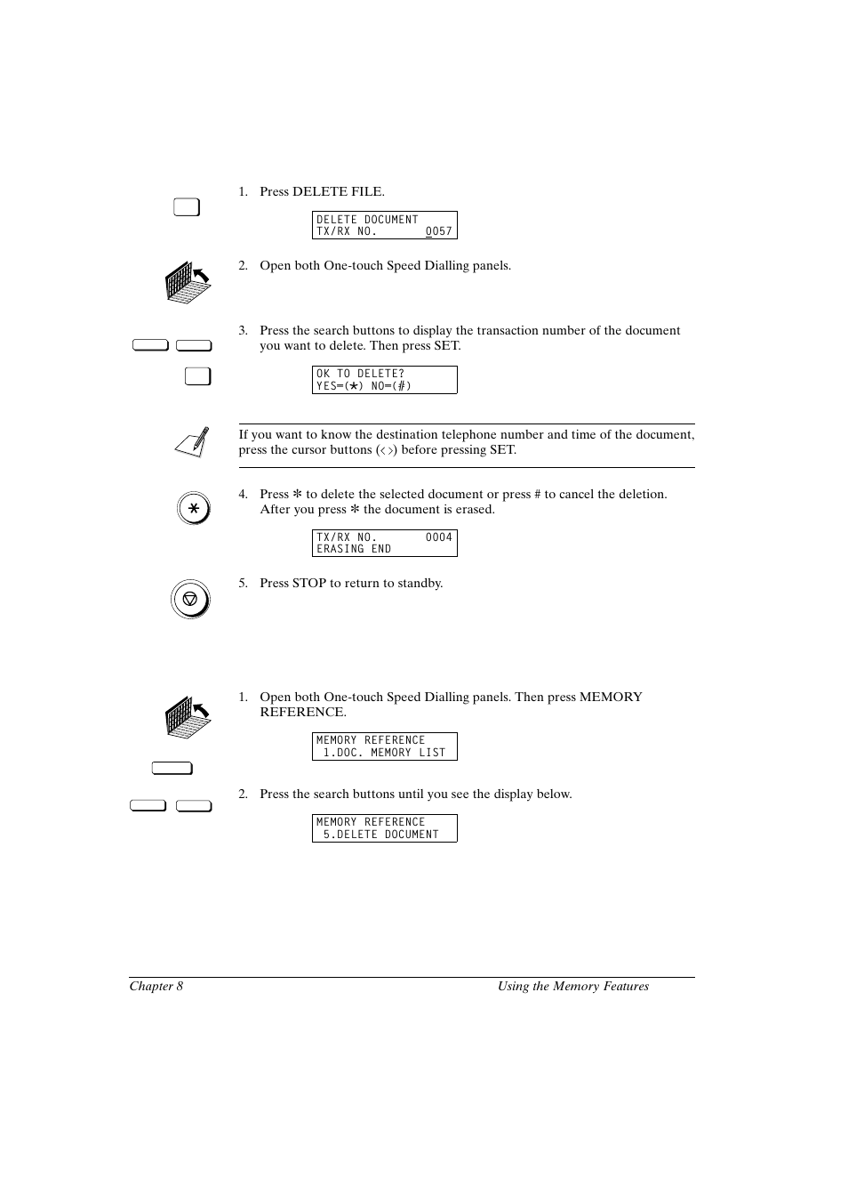 Deleting a document with the delete file button | Canon FAX-L800 User Manual | Page 157 / 370