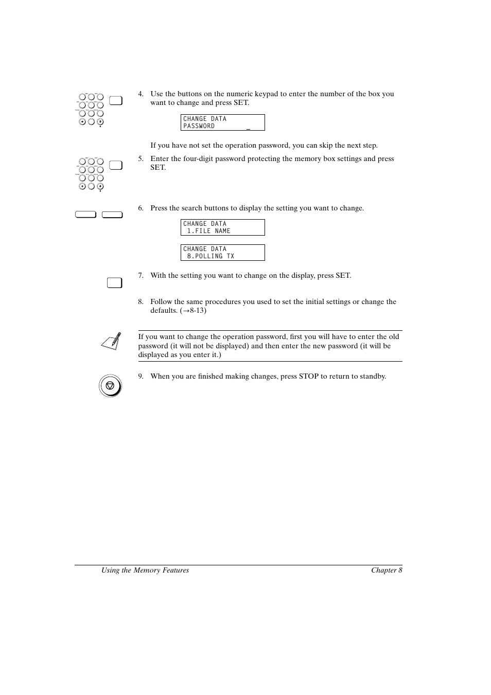 Canon fax-l800 user’s guide english, Change data password, Change data 1.file name change data 8.polling tx | Canon FAX-L800 User Manual | Page 168 / 370