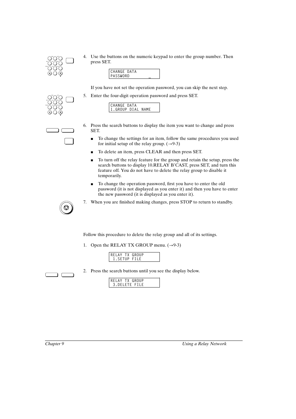 Deleting the relay group, Canon fax-l800 user’s guide english, 7 chapter 9 using a relay network | Canon FAX-L800 User Manual | Page 181 / 370
