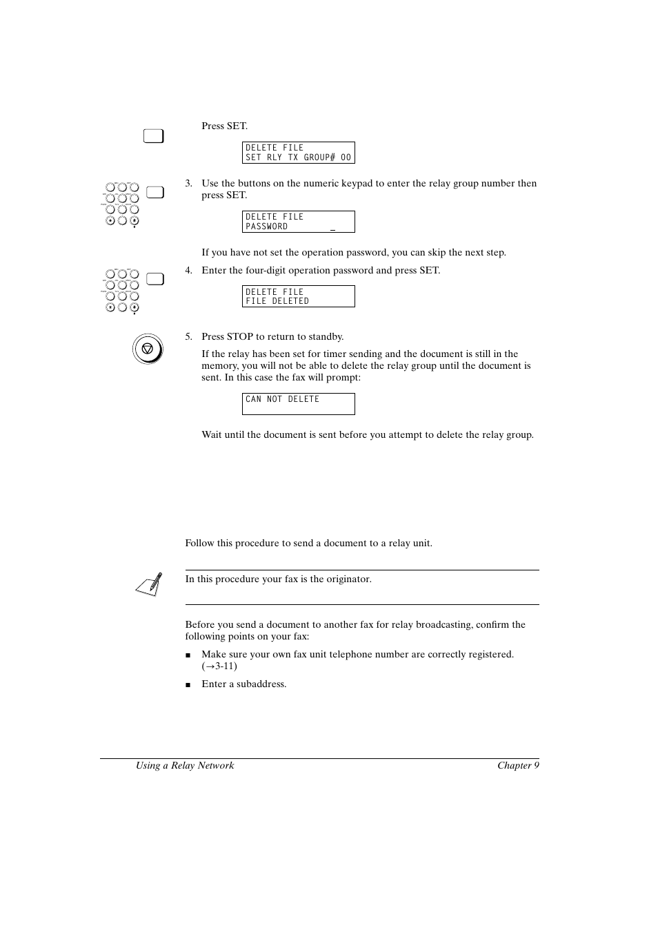 Canon fax-l800 user’s guide english, 8 chapter 9 using a relay network, Press set | Delete file set rly tx group# 00, Delete file password, Delete file file deleted, Can not delete | Canon FAX-L800 User Manual | Page 182 / 370