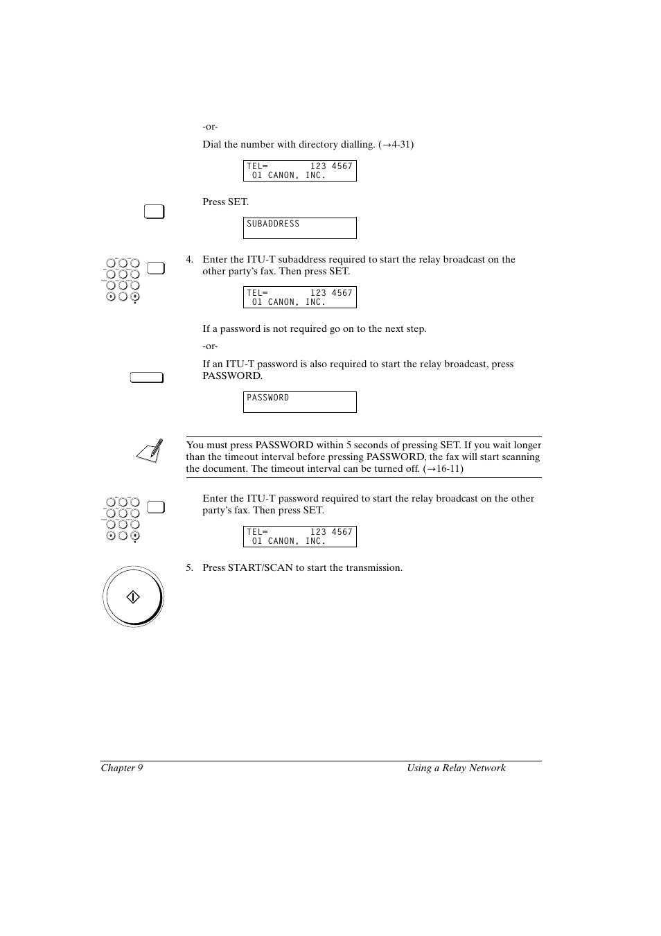 Canon fax-l800 user’s guide english, Press set, Press start/scan to start the transmission | Subaddress, Password | Canon FAX-L800 User Manual | Page 185 / 370