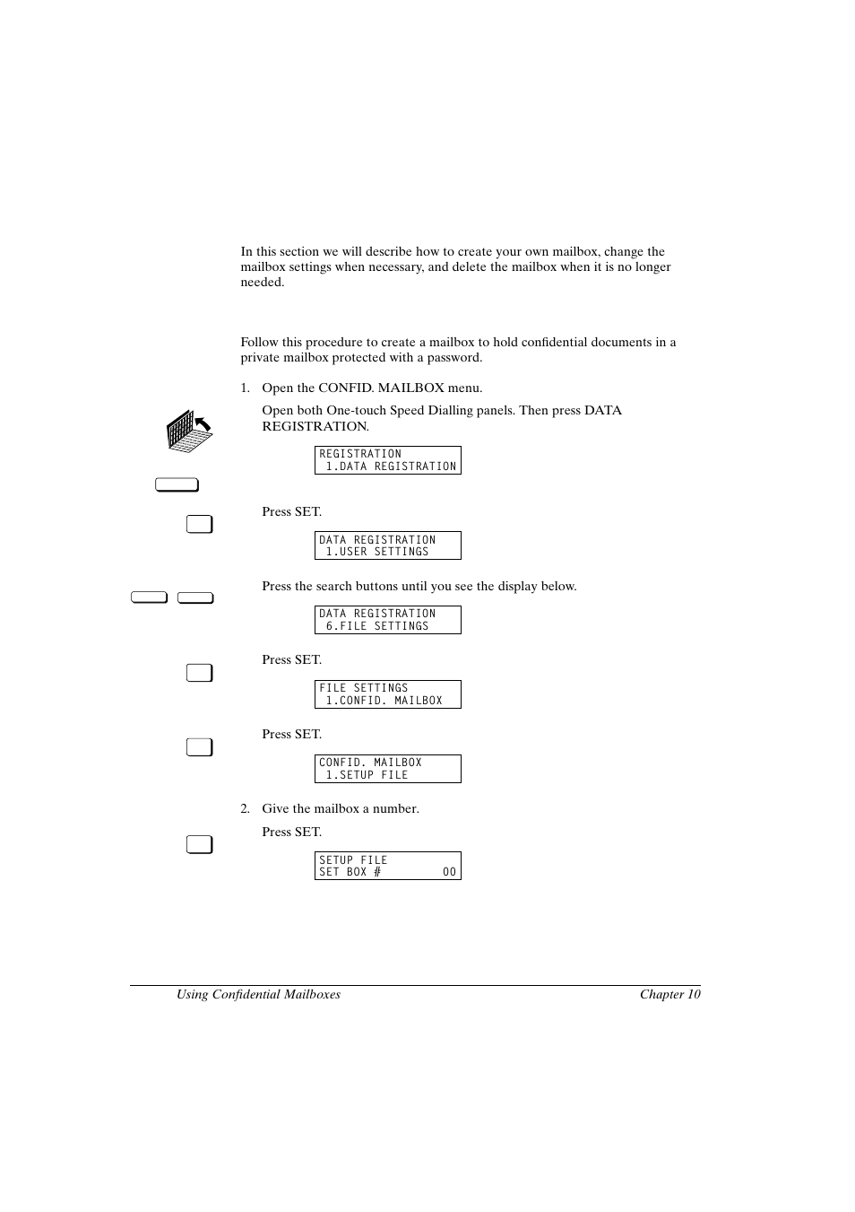 Setting up and using the standard mailbox features, Creating a mailbox | Canon FAX-L800 User Manual | Page 188 / 370