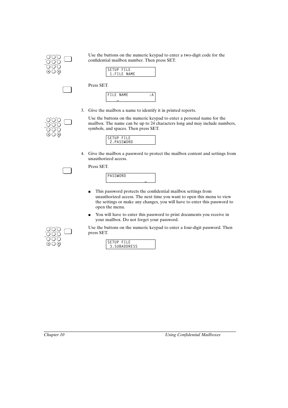 Canon fax-l800 user’s guide english, 3 chapter 10 using confidential mailboxes, Press set | Setup file 1.file name, File name :a, Setup file 2.password, Password, Setup file 3.subaddress | Canon FAX-L800 User Manual | Page 189 / 370