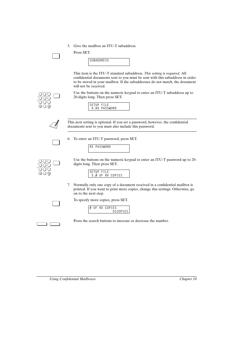 Canon fax-l800 user’s guide english, Press set, Subaddress | Setup file 4.rx password, Rx password, Setup file 5.# of rx copies, Of rx copies 01copies | Canon FAX-L800 User Manual | Page 190 / 370