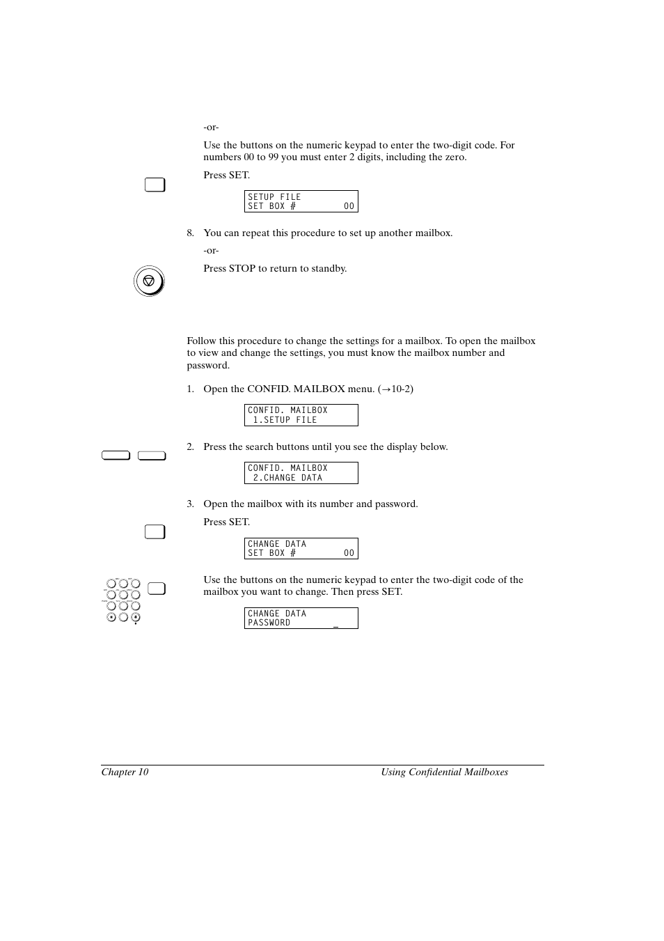 Changing mailbox settings, Canon fax-l800 user’s guide english, Press set | Open the mailbox with its number and password | Canon FAX-L800 User Manual | Page 191 / 370