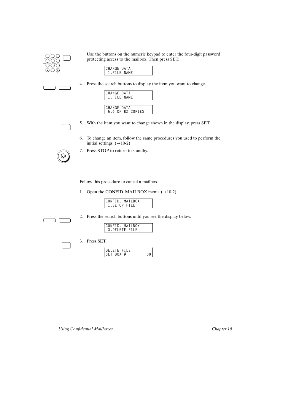 Cancelling a mailbox, Canon fax-l800 user’s guide english, 6 chapter 10 using confidential mailboxes | Press set | Canon FAX-L800 User Manual | Page 192 / 370