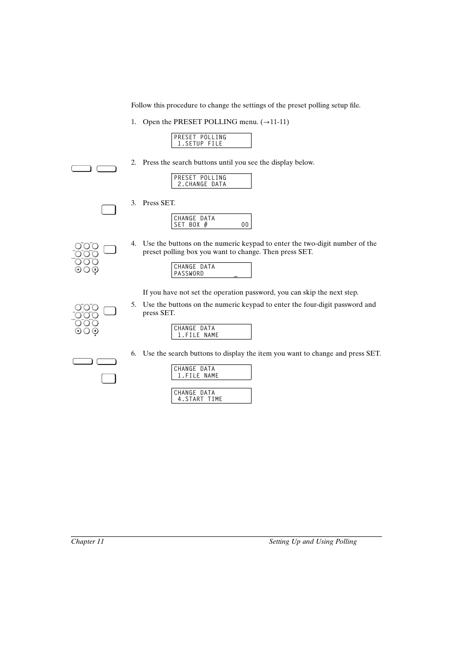 Changing the preset polling settings, Canon fax-l800 user’s guide english, 11 chapter 11 setting up and using polling | Press set | Canon FAX-L800 User Manual | Page 209 / 370