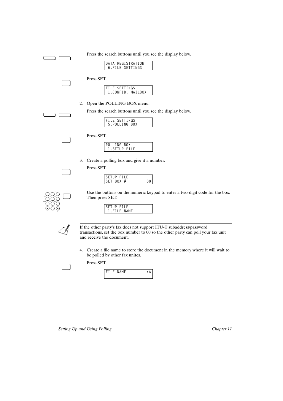 Canon fax-l800 user’s guide english, 14 chapter 11 setting up and using polling, Press set | Open the polling box menu, Create a polling box and give it a number | Canon FAX-L800 User Manual | Page 212 / 370