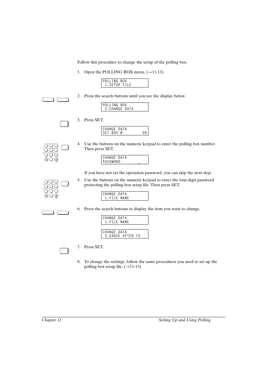 Changing the polling box setup, Canon fax-l800 user’s guide english, 19 chapter 11 setting up and using polling | Press set | Canon FAX-L800 User Manual | Page 217 / 370