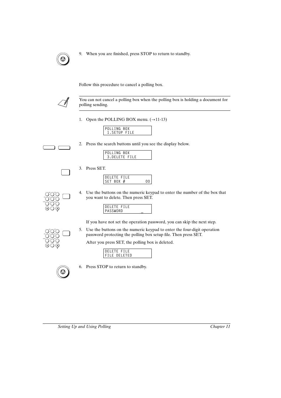 Cancelling a polling box, Canon fax-l800 user’s guide english, Press set | Press stop to return to standby | Canon FAX-L800 User Manual | Page 218 / 370