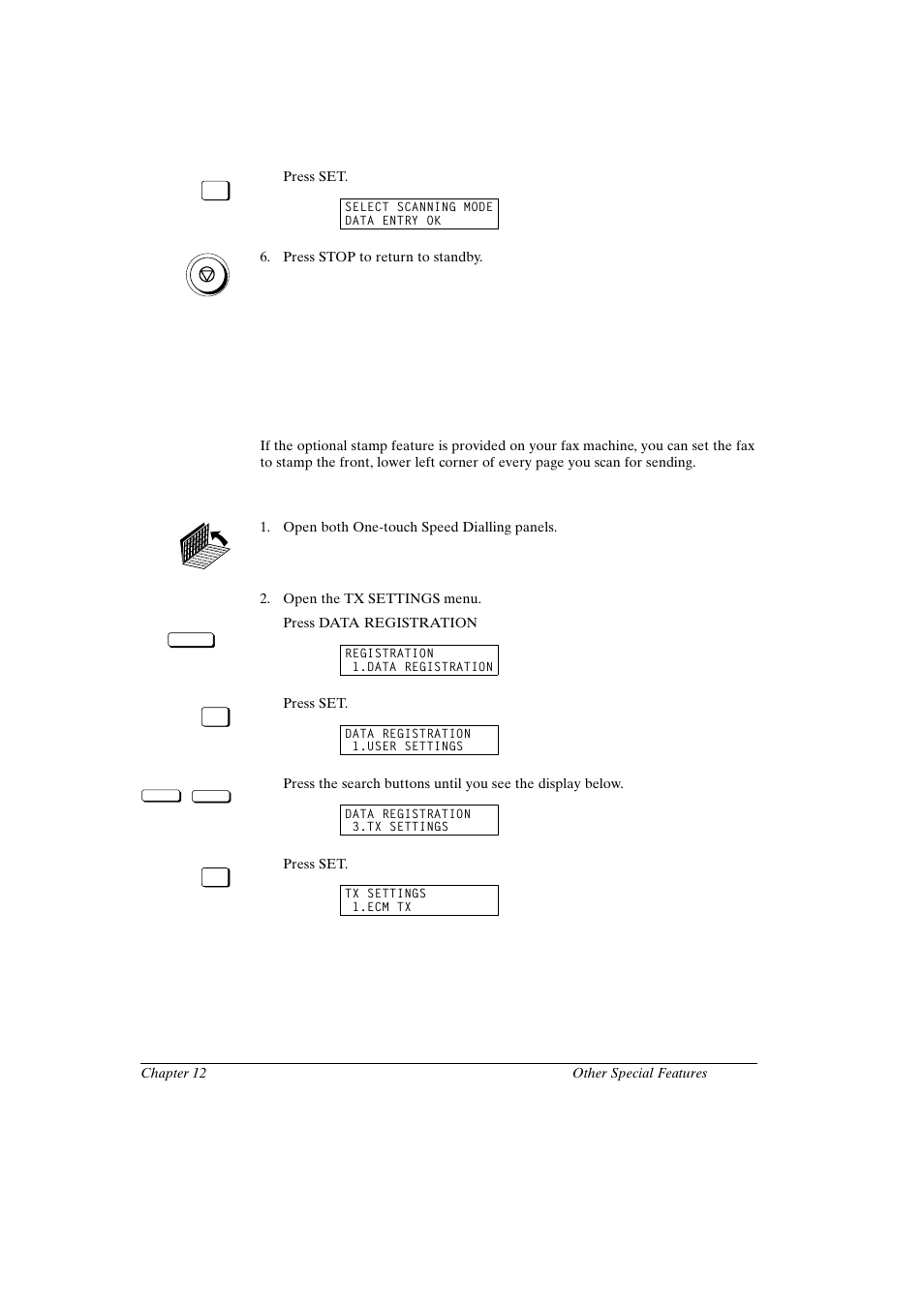 Setting up and using the optional stamp feature, Setting up the stamp feature | Canon FAX-L800 User Manual | Page 225 / 370