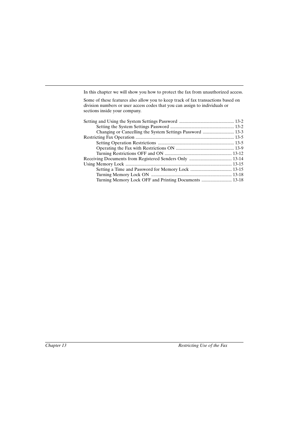 Chapter 13, Chapter 13 restricting use of the fax | Canon FAX-L800 User Manual | Page 233 / 370